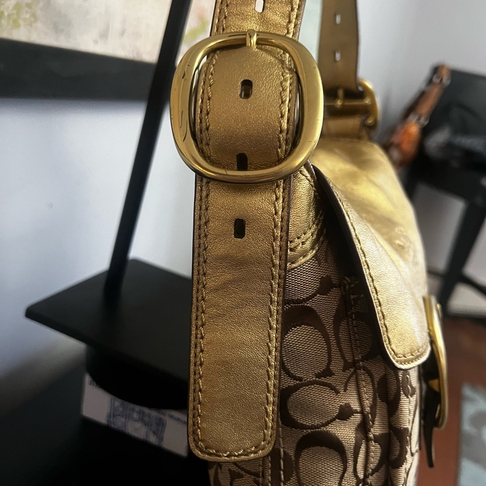 Coach Bleeker Signature Buckle Flap Gold Metallic and Brown Signature Bag - Picture 8 of 15